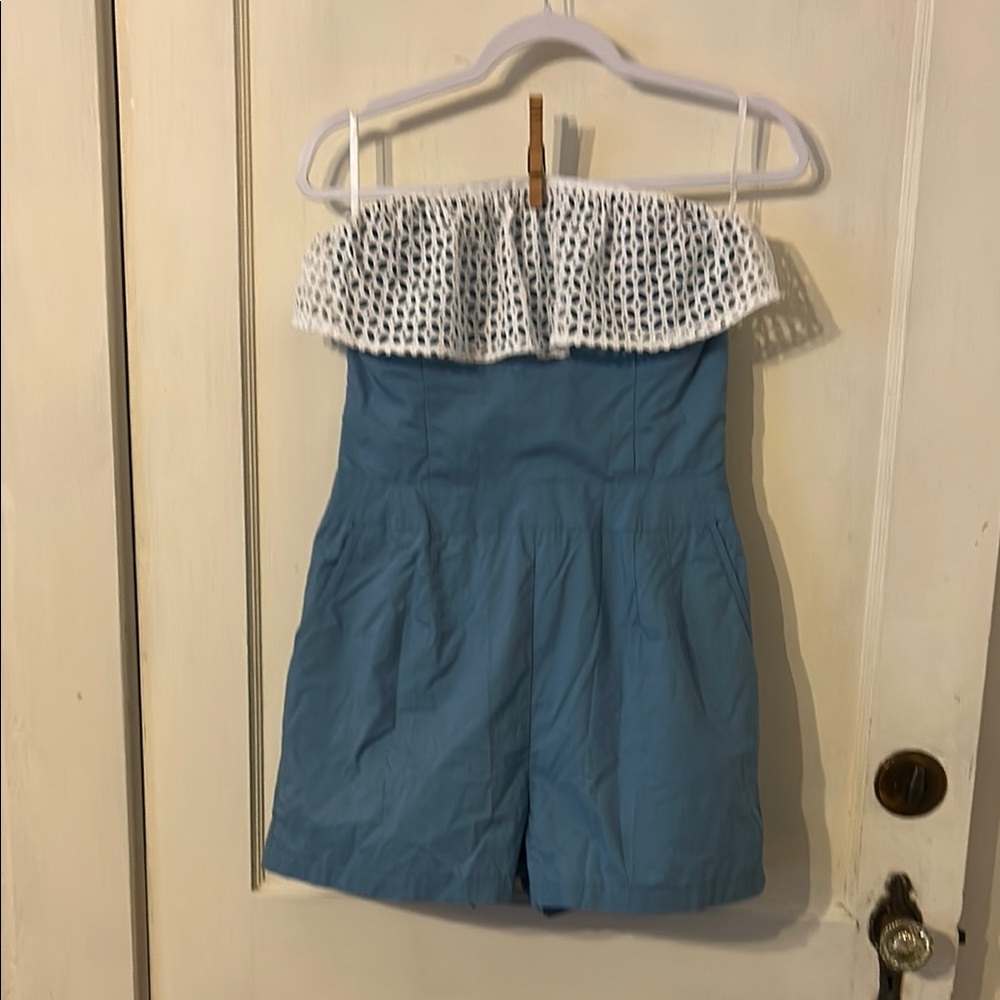 Lauren James Blue and White Off-Shoulder Romper